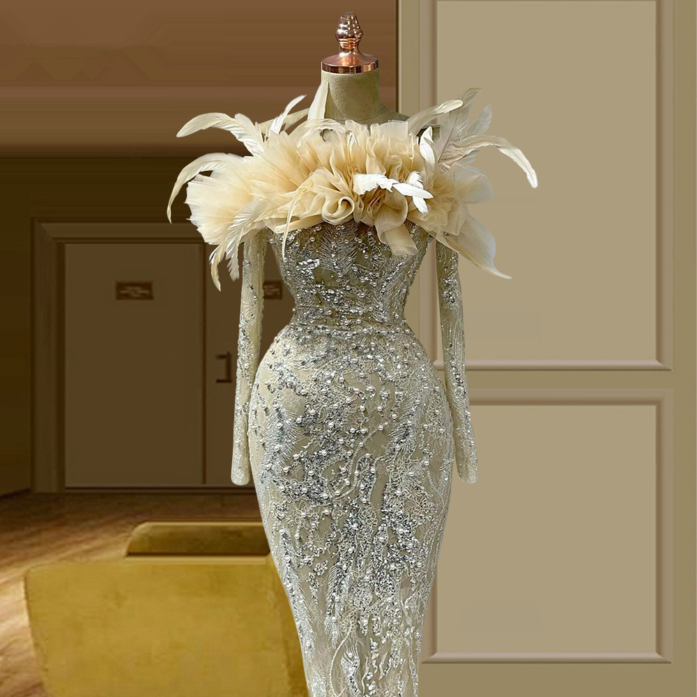 Glamorous Feathers Champagne Prom Dresses Mermaid Beaded Party Dresses Lace Pearls Long Sleeves Custom Made Evening Dress