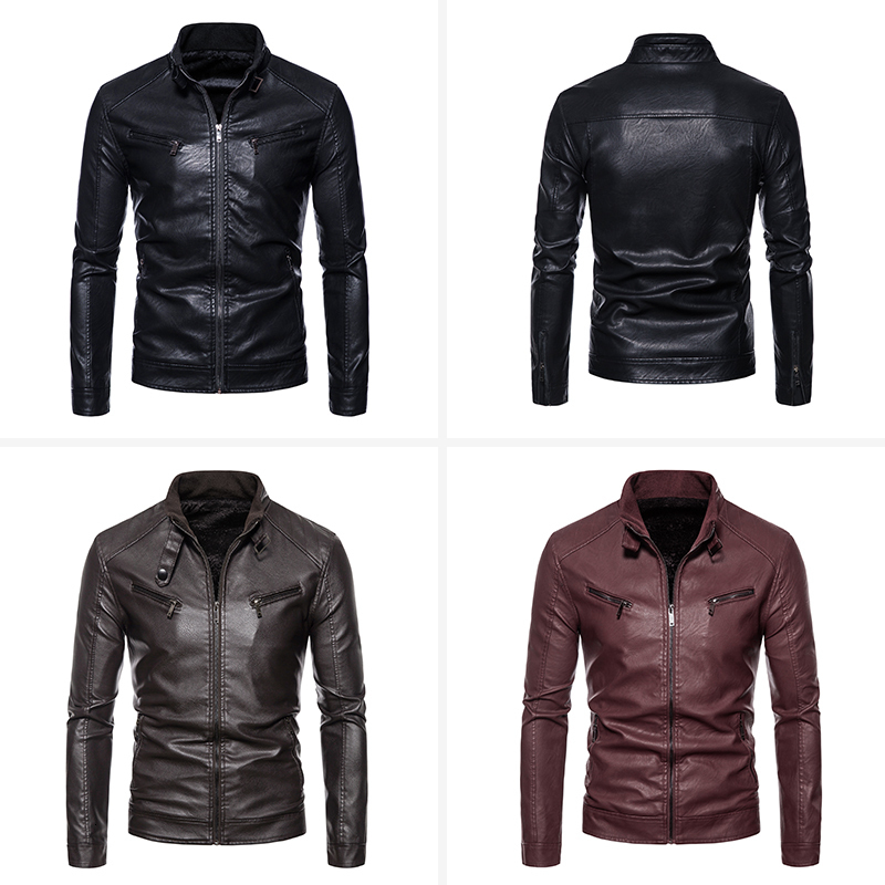 Men's Leather Faux Pu Jacket Winter Fleece Motorcycle Faur Coat Man Stand Collar Casual Windbreaker Hombre Outwear 221122