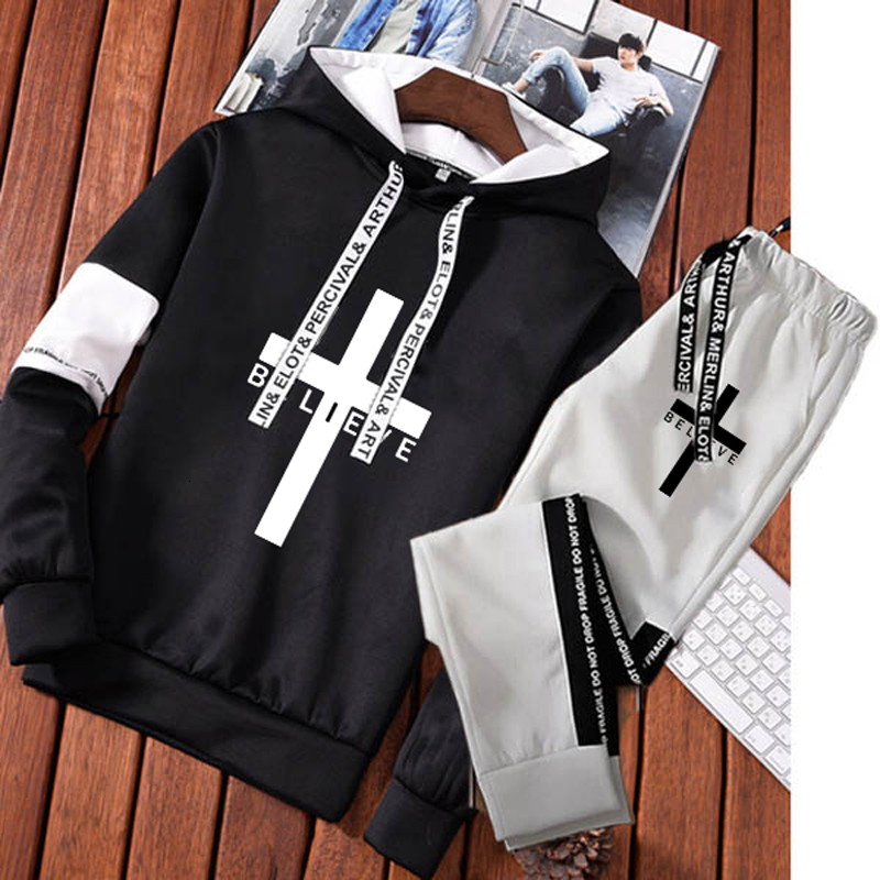 Men's Hoodies Sweatshirts Men's Winter Sportswear Outfit Cross Print Men's Black and White Letter Suit Drawstring Streetwear Pullover C