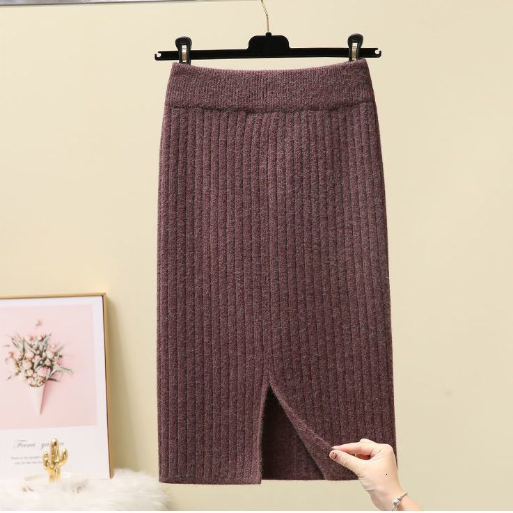 Skirts Womens Knit Slit Autumn and Winter Elastic Waist Solid High Casual Thick Sweater for Female 221122