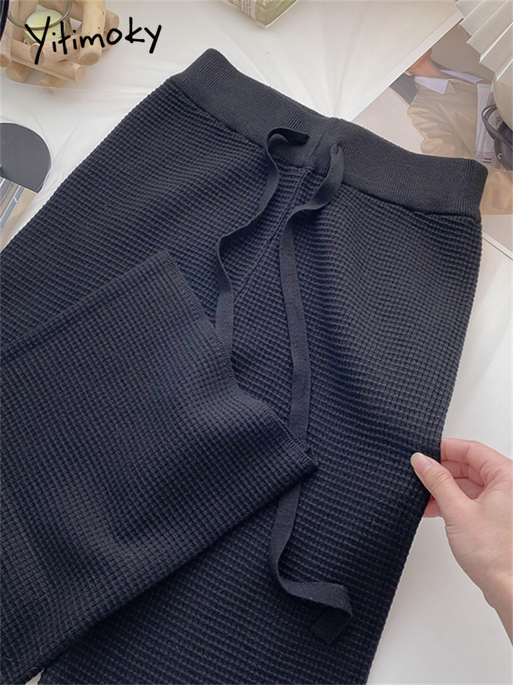 Women's Pants Capris Yitimoky Knitted Wide Leg Women Fall Winter Drawsing Casual Trousers Elegant Ladies Chic White Black High Waist 221122