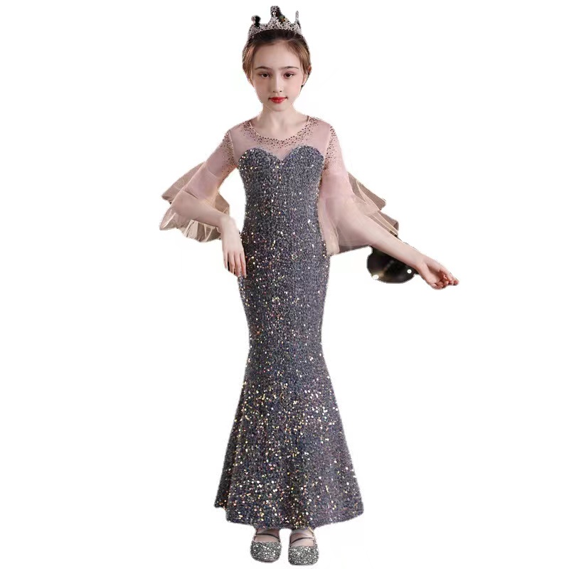 Sequined Flower Dresses Appliques See Through Sleeves Ruffles Tulle Pageant Dress For Girls Long Mermaid Wedding Clothes 403