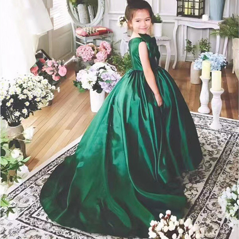 One Shoulder Kids Formal Dresses Emerald Green Satin Girls Christmas Birthaday Party Gown Bow Tie Puffy Skirt Toddler Pageant Dress 0516