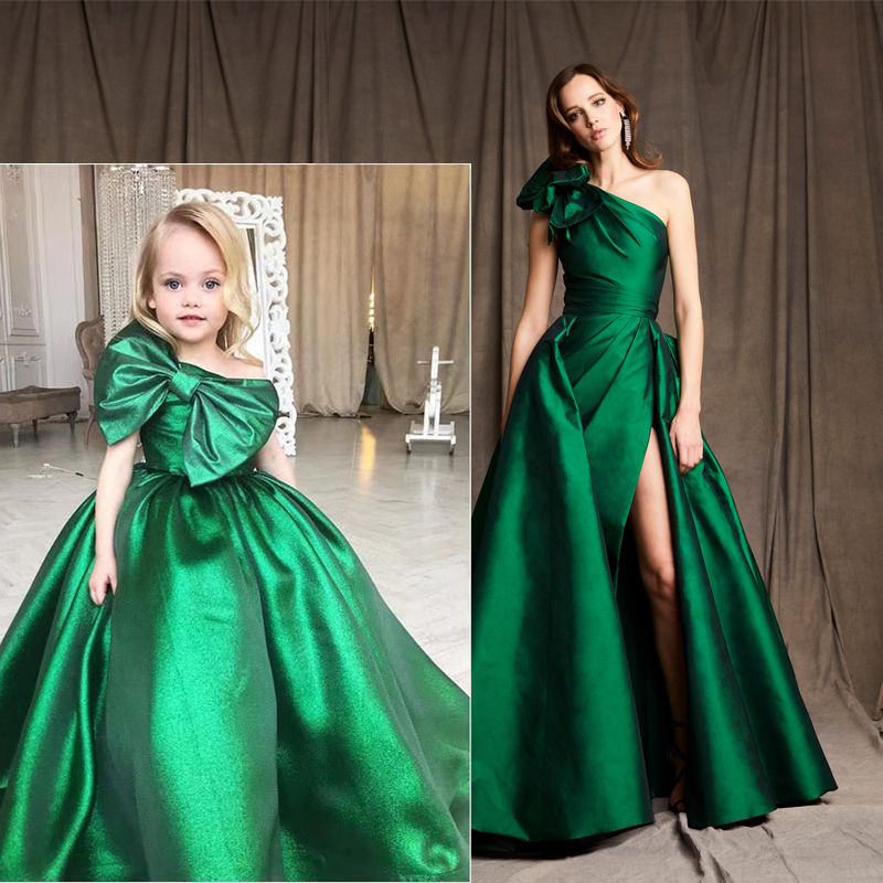 One Shoulder Kids Formal Dresses Emerald Green Satin Girls Christmas Birthaday Party Gown Bow Tie Puffy Skirt Toddler Pageant Dress 0516