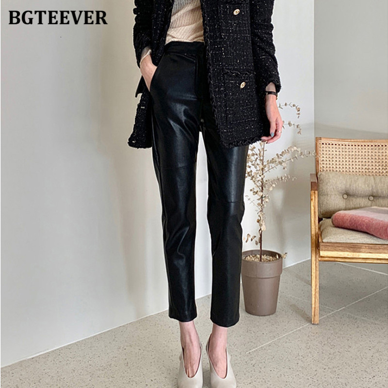 Women's Pants Capris BGTEEVER MIidi Waist Spliced Loose Leather Autumn Solid Zipper PU Trousers Straight Female 221122