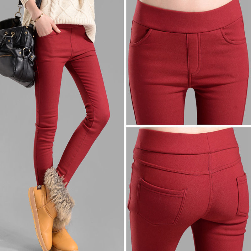Women's Pants Capris Candy Color Plus Velvet Thick Pencil pants Women High Waist Warm Casual Slim Stretch Winter Fleeve OL Leggings Trousers 2211
