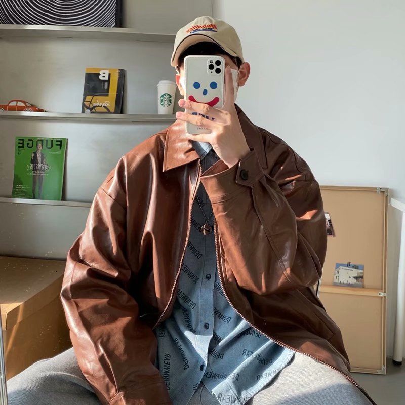 Men's Leather Faux Pu Jacket Men Brown Retro Motorcycle Autumn Korean Fashion Fried Street Loose Zipper Bomber Learher Coats 221122