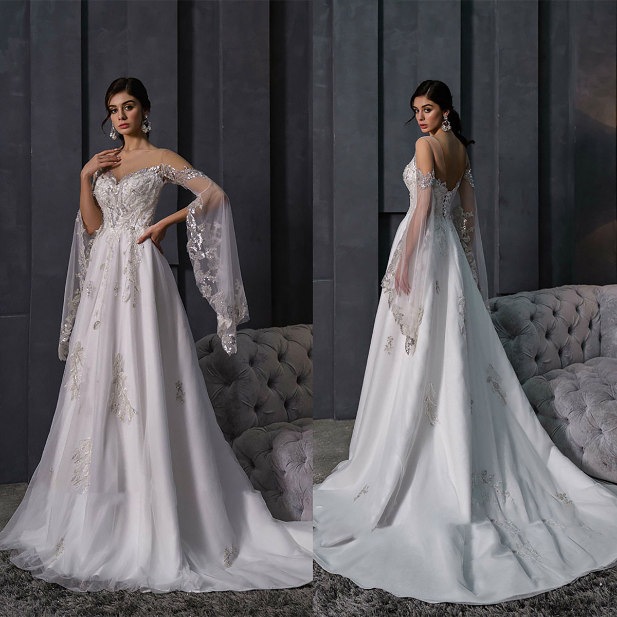 Luxurious A-line Wedding Dresses Unique Long Sleeves Design Sequins Flower Applicant Stain Zipper Backless Court Gown Custom Made Plus Size Vestidos D
