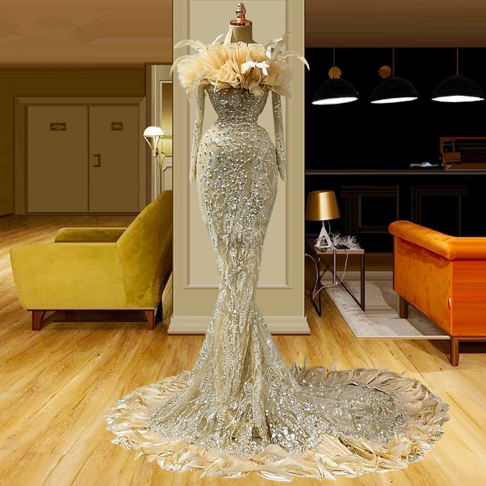 Glamorous Feathers Champagne Prom Dresses Mermaid Beaded Party Dresses Lace Pearls Long Sleeves Custom Made Evening Dress