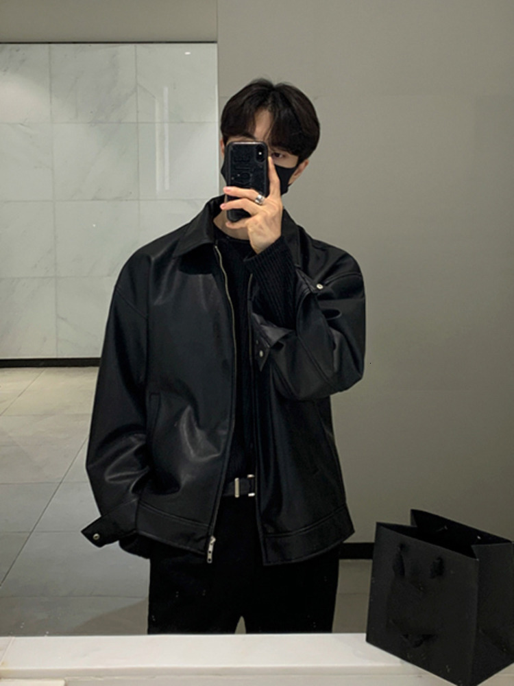 Men's Leather Faux IEFB Korean Chic Double Zipper PU Jacket Black Simple Trendy Lapel Autumn Coats Casual 9A1175 221122