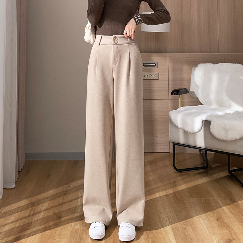 Women's Pants Capris Woolen Wide-leg Women Fall Winter Elastic High-waisted Trousers Female Vintage Thick Fleece Straight Pant 221122