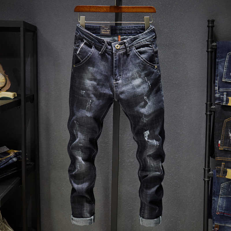 Top Fashion Mens Jeans Brand Robin 2020 Hip Hop spring Autumn Ripped for Men Solid Cotton Full Length Mid Black Color Sale X0621