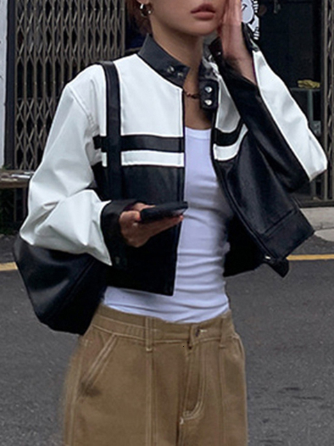 Womens Jackets Rapwriter Street Moto Biker Racing PU y2k Contrastcolor Patchwork Leather Cropped Coats Autumn Harajuku Zip Up Outfits 221122