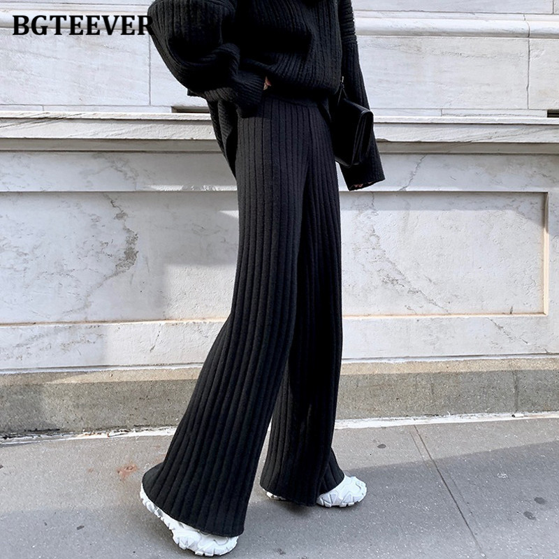 Women's Pants Capris BGTEEVER Casual Warm Loose Floor-length Sweater for Women Autumn Winter High Waist Wide Leg Knitted Trousers Femme 221122