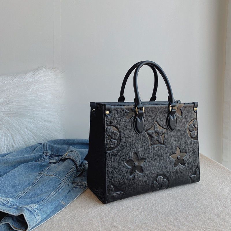 Luxurys Designer Onthego Embossed Black Flower Bag Women Bags Handbags Tote Shoulder Louiseity Handbag Viutonity Leather Diamond Evening Purse MM GM