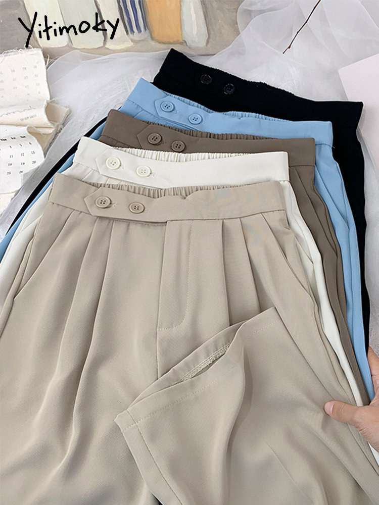 Women's Pants Capris Yitimoky High Waisted Suits Wide Leg for Women Elegant Office French Style Full Length 2 Buttons Straight Trousers 221122