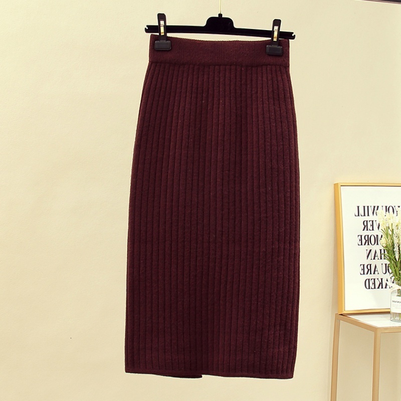 Skirts Vintage Women thick sweater skirt Elastic High Waist Pleated Midi knitted Skirt Pencil female solid elegant Spring summer 221122