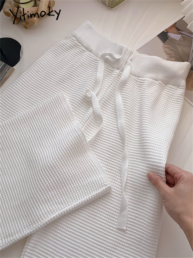 Women's Pants Capris Yitimoky Knitted Wide Leg Women Fall Winter Drawsing Casual Trousers Elegant Ladies Chic White Black High Waist 221122