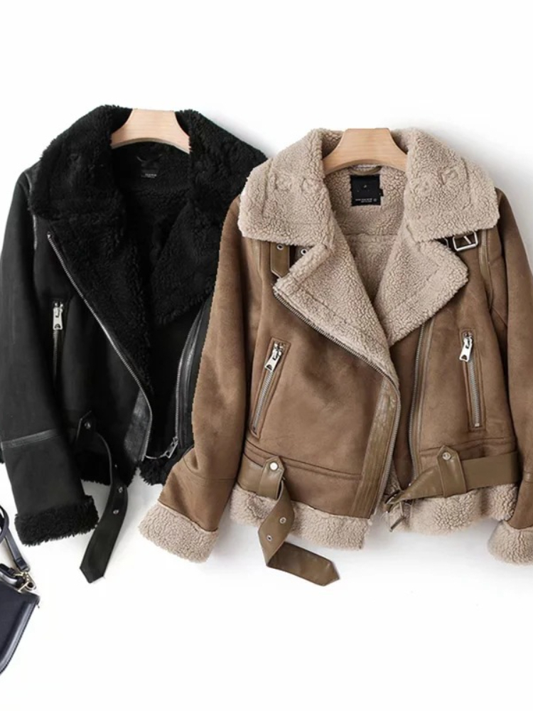 Womens Jackets Coats Woman Winter Heavy Streetwear Vintage Fur Integrated Thickening Warm Loose Motorcycle Suit Long Sleeve Top