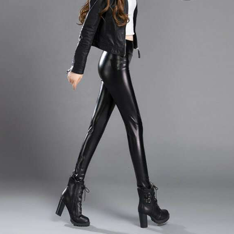 Women's Pants Capris Lucyever Autumn Winter Faux Leather Women High Waist Skinny Plush Warm Leggings Black Sexy Slim Fit Pencil Trousers 221122