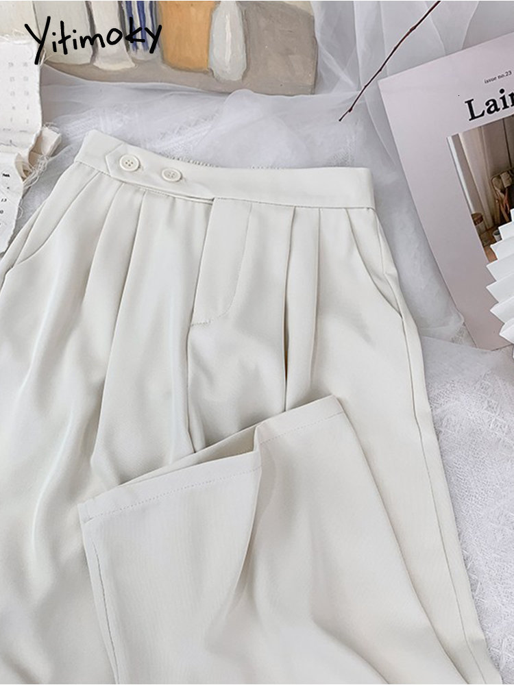 Women's Pants Capris Yitimoky High Waisted Suits Wide Leg for Women Elegant Office French Style Full Length 2 Buttons Straight Trousers 221122