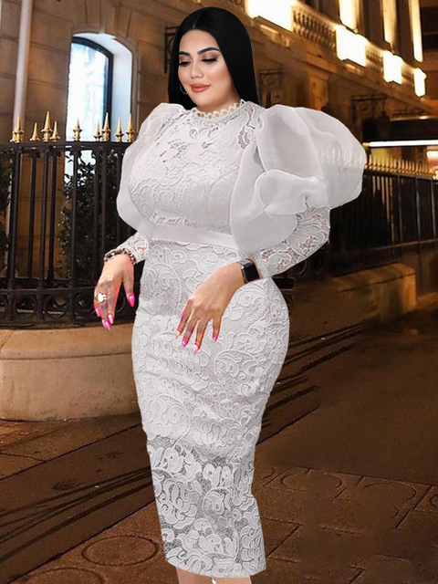 Plus size Dresses Elegant Lace Dresses Plus Size 3XL 4XL Long Lantern Sleeve White Pink Bodycon Vintage Prom Dress Gowns for Ladies Evening Party 2211