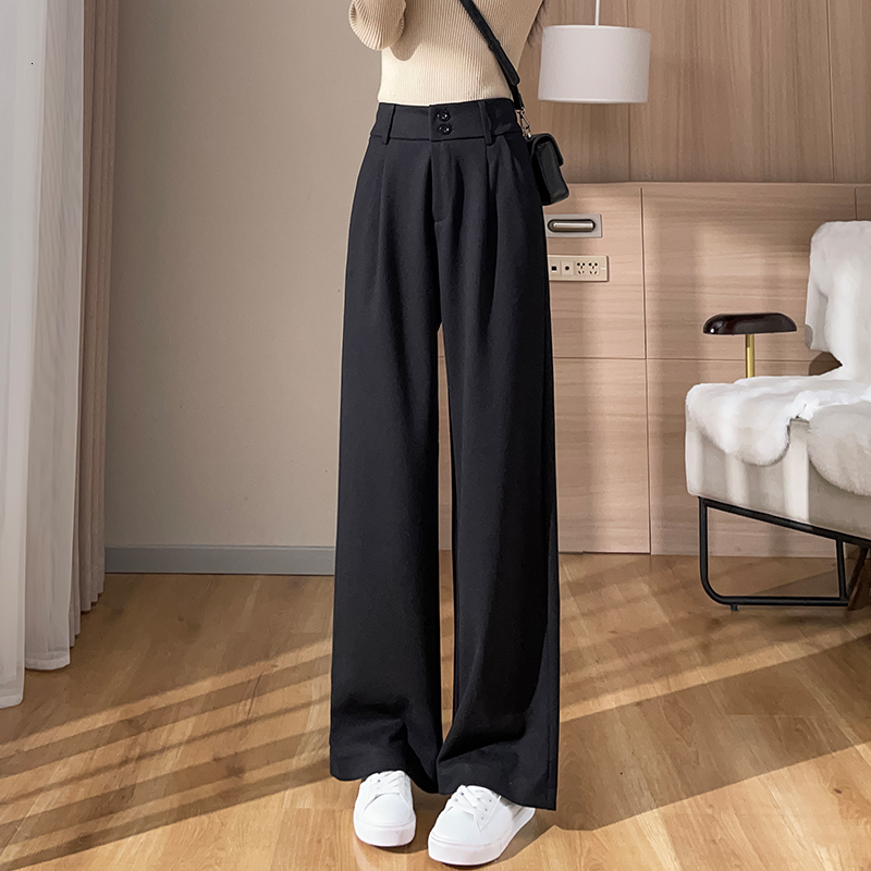 Women's Pants Capris Woolen Wide-leg Women Fall Winter Elastic High-waisted Trousers Female Vintage Thick Fleece Straight Pant 221122