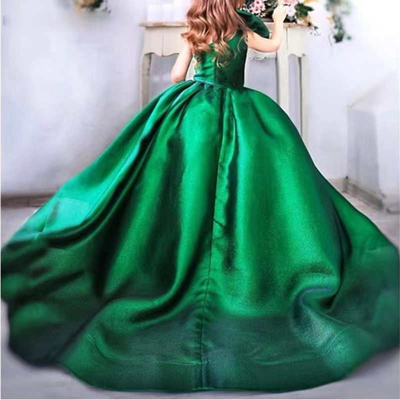 One Shoulder Kids Formal Dresses Emerald Green Satin Girls Christmas Birthaday Party Gown Bow Tie Puffy Skirt Toddler Pageant Dress 0516