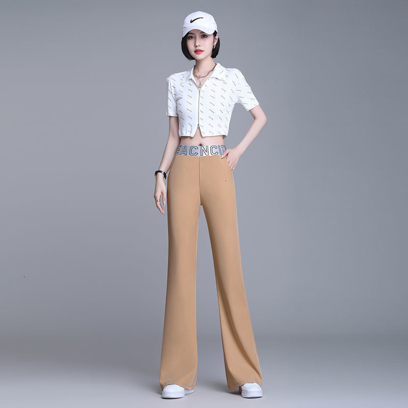 Women's Pants Capris Spring women high waist letter embroidery ice silk baggy wide leg pants Ladies sexy style trousers korean fashion pant 22112
