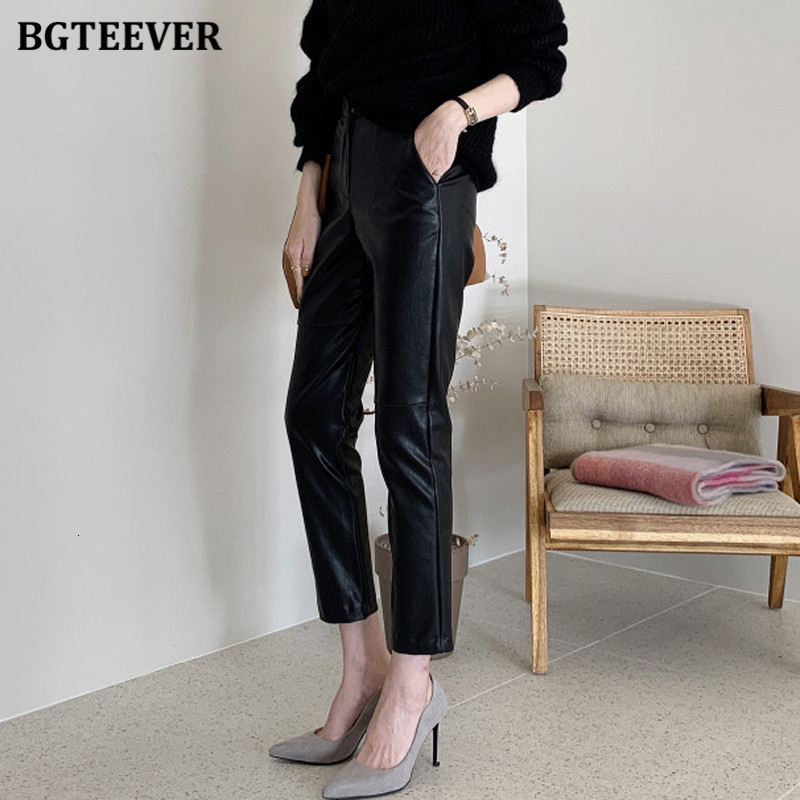 Women's Pants Capris BGTEEVER MIidi Waist Spliced Loose Leather Autumn Solid Zipper PU Trousers Straight Female 221122