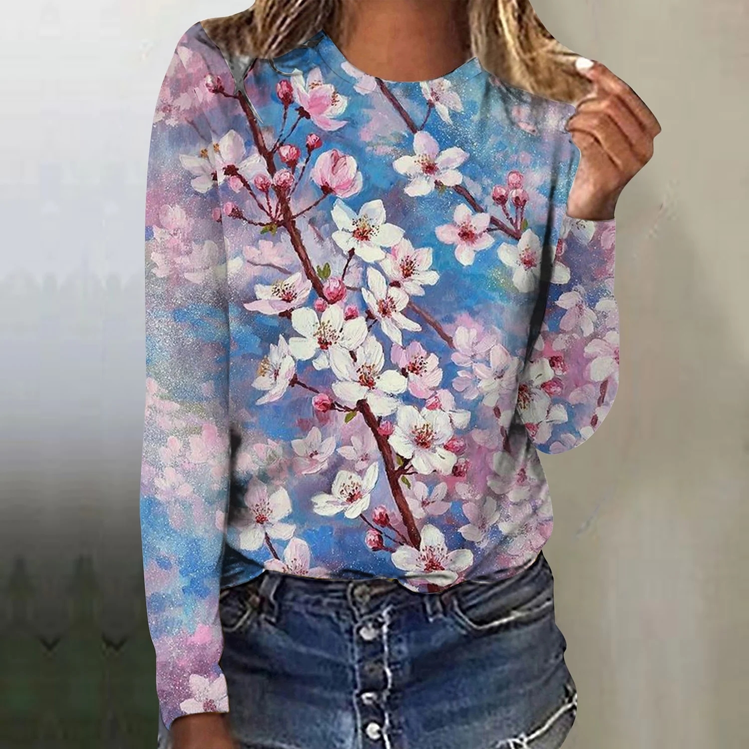 Womens TShirt Ladies Vintage Long Sleeve Autumn Winter Floral Print Tee Shirt Round Neck Top Everyday Street Casual Pullover 221122