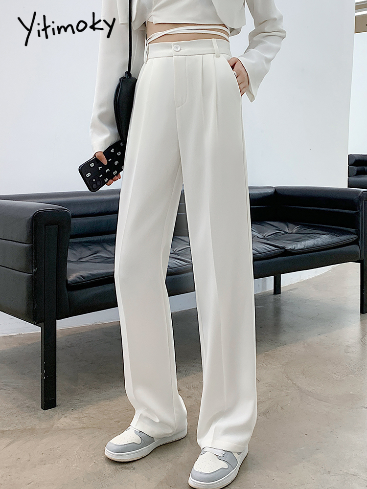 Women's Pants Capris Yitimoky White for Women Office Lady High Waist Clothes Work Korean Fashion Black Full Length Side Stripe Trousers 221122