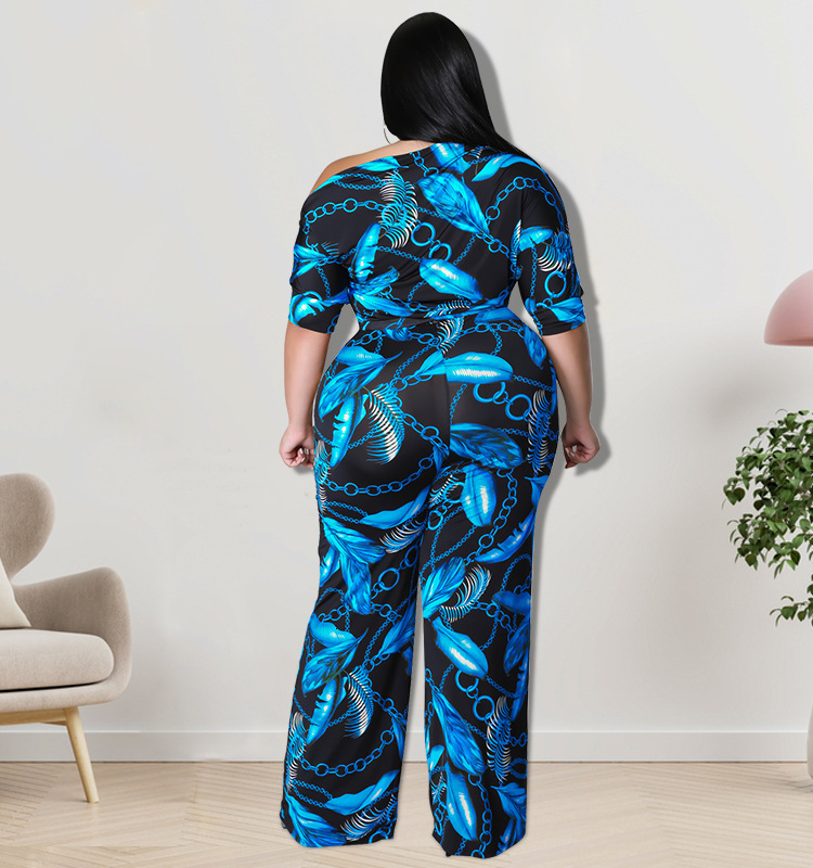 Women's Plus Size Tracksuits Perl Vintage Printed Jumpsuit for Women Fashion Wide Led Rompers Plus Size Summer Outfit Casual Bandage Overall stre