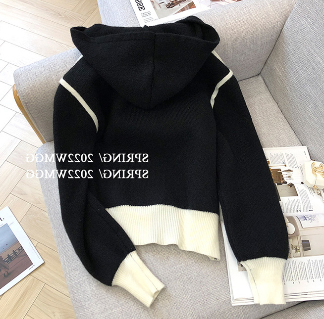 Womens hooded color block zipper front fly knitted sweater coat cardigan SMLXL