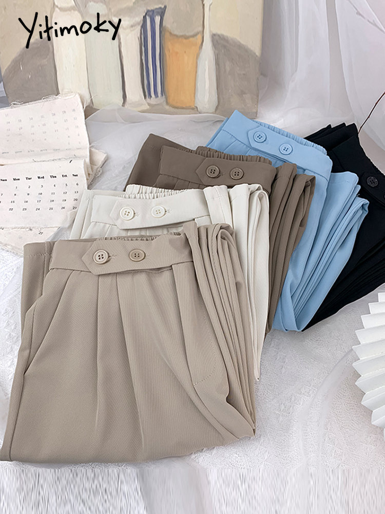 Women's Pants Capris Yitimoky High Waisted Suits Wide Leg for Women Elegant Office French Style Full Length 2 Buttons Straight Trousers 221122