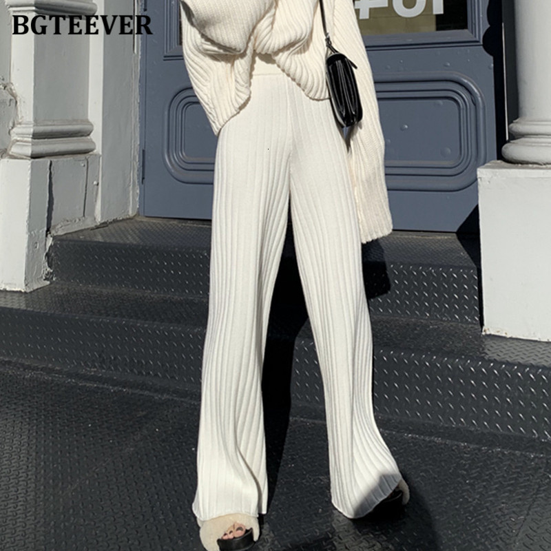 Women's Pants Capris BGTEEVER Casual Warm Loose Floor-length Sweater for Women Autumn Winter High Waist Wide Leg Knitted Trousers Femme 221122