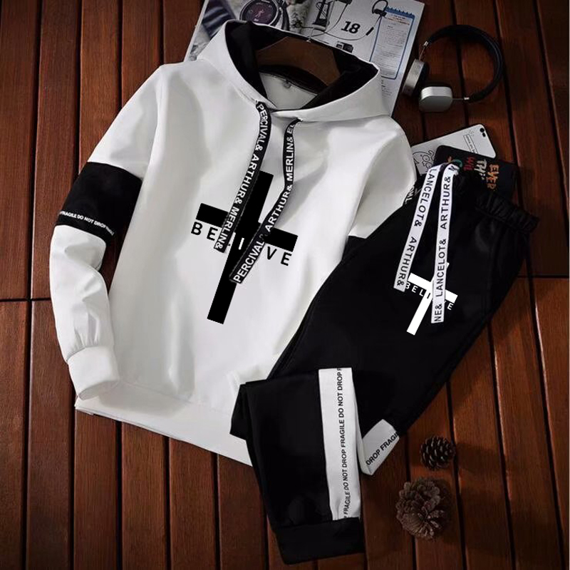 Men's Hoodies Sweatshirts Men's Winter Sportswear Outfit Cross Print Men's Black and White Letter Suit Drawstring Streetwear Pullover C