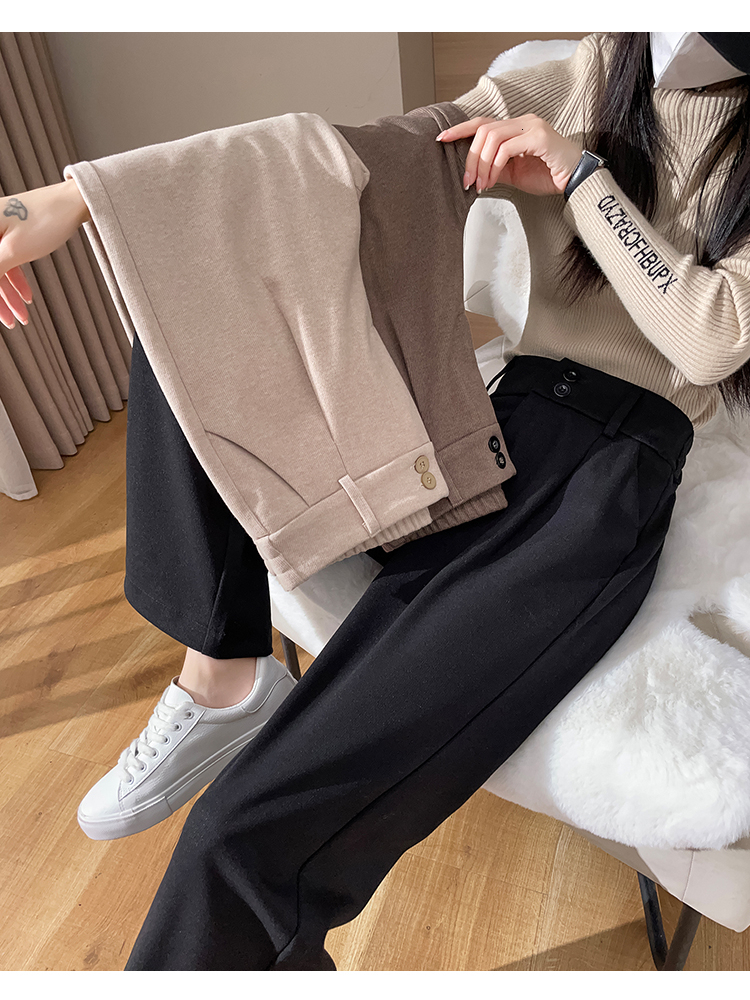 Women's Pants Capris Woolen Wide-leg Women Fall Winter Elastic High-waisted Trousers Female Vintage Thick Fleece Straight Pant 221122