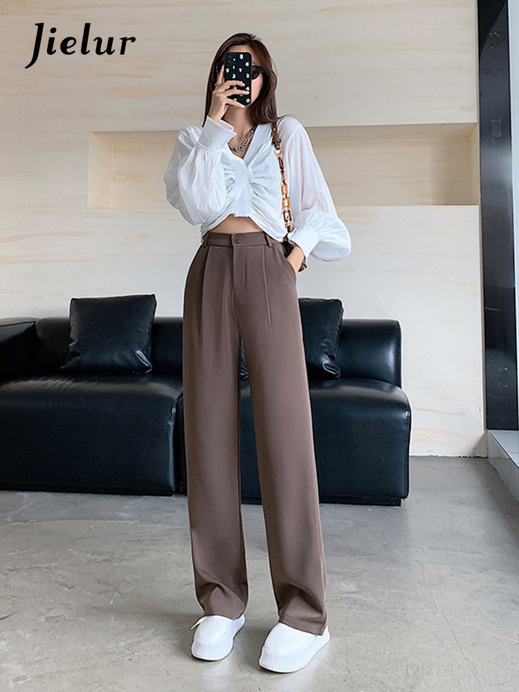 Women's Pants Capris Jielur White Wide Leg for Women High Waist Pockets Loose Workwear Office Lady Female Black Trousers S-XL Pantalon 221122