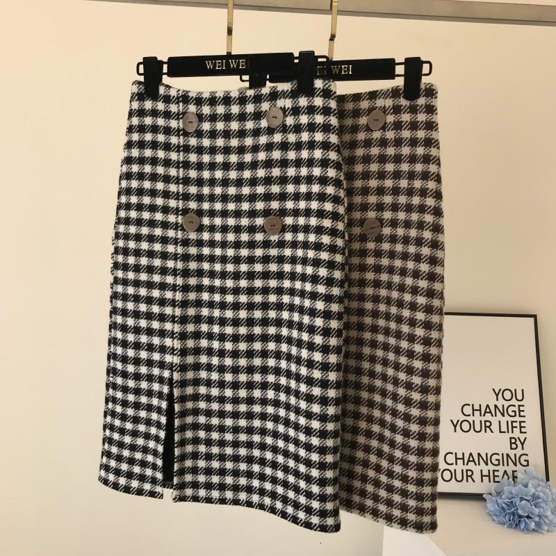 Skirts Woolen Winter Skirt Womens Thickened MidLength Vintage Plaid A Line High Waist Office Lady Mujer Faldas Ropa 221122