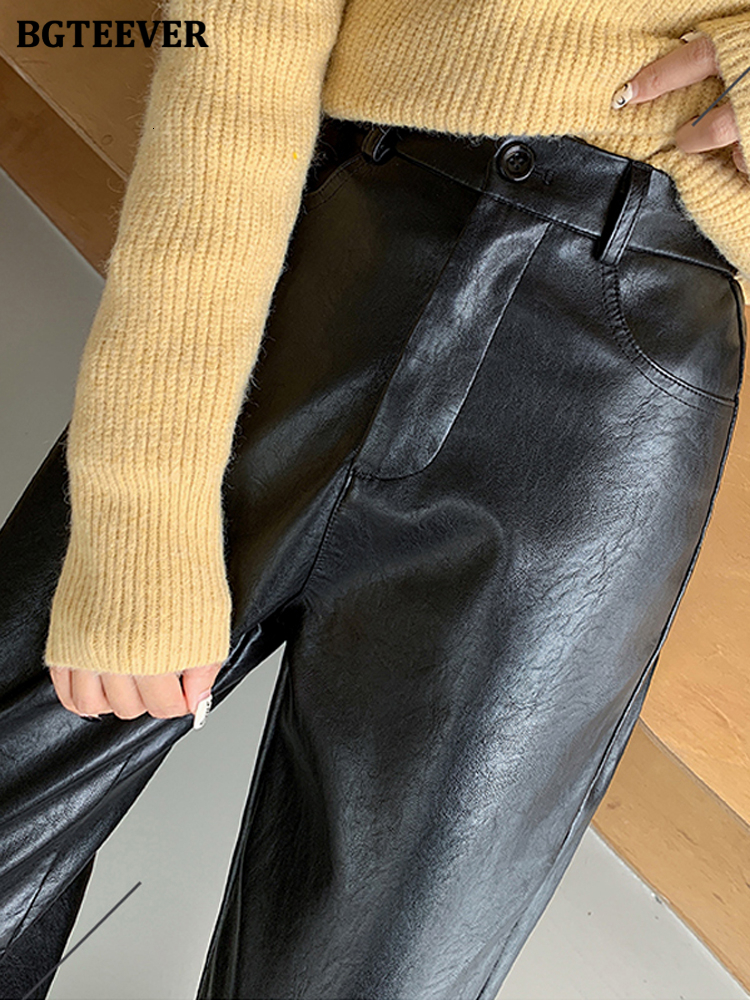 Women's Pants Capris BGTEEVER Spring Autumn PU Leather Women Elegant High Waist Pockets Faux Harem Female 221122