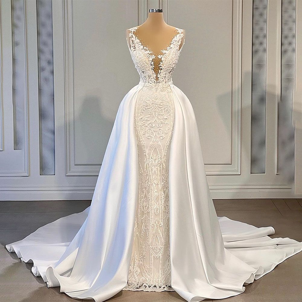 Luxury Princess Mermaid Wedding Dresses with Detachable Train Floral Lace Sheer Neck Applique Bridal Gown vestidos de novia