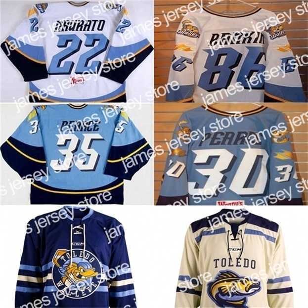 College Hockey Wears Nik1 Toledo Walleye 22 Naurato 86 Evan Rankin 30 Pearce 35 Pearce Mens Womens Youth 100% Embroidery Custom any name or number Hockey Jerseys