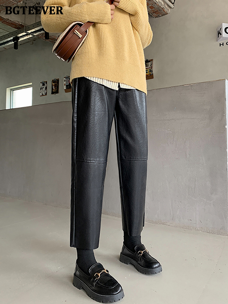 Women's Pants Capris BGTEEVER Spring Autumn PU Leather Women Elegant High Waist Pockets Faux Harem Female 221122