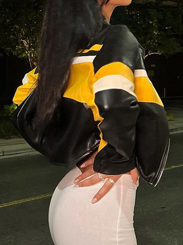 Womens Jackets Rapwriter Street Moto Biker Racing PU y2k Contrastcolor Patchwork Leather Cropped Coats Autumn Harajuku Zip Up Outfits 221122