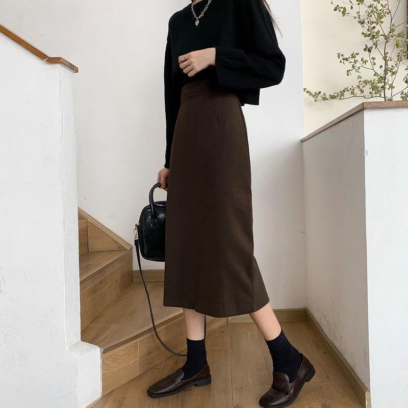 Skirts PEONFLY Womens Skirt Korean Style A Line Solid Color High Waist Mid Calf Zipper Woman Mujer Faldas Femme Jupes Saias 221122