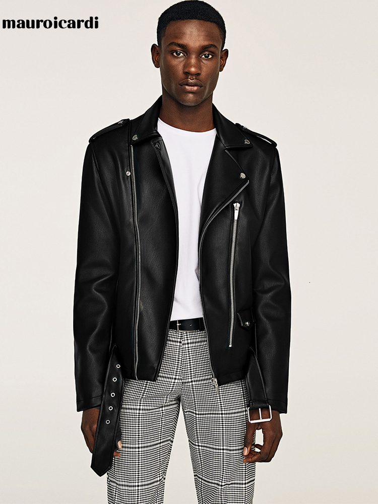 Men's Leather Faux Mauroicardi Spring Short Black Biker Motorcycle Jacket for Men Style Belt Long Sleeve Light Soft Jackets 221122