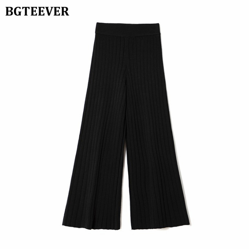 Women's Pants Capris BGTEEVER Casual Warm Loose Floor-length Sweater for Women Autumn Winter High Waist Wide Leg Knitted Trousers Femme 221122