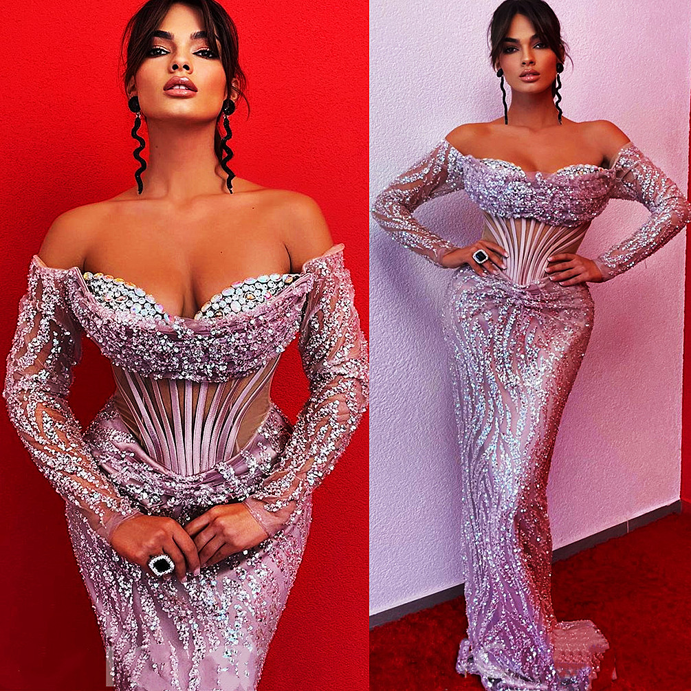 Arabic Aso Ebi Luxurious Mermaid Prom Dresses Sequined Lace Sexy Evening Formal Party Second Reception Birthday Engagement Gowns Dress ZJ