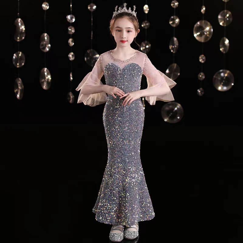 Sequined Flower Dresses Appliques See Through Sleeves Ruffles Tulle Pageant Dress For Girls Long Mermaid Wedding Clothes 403